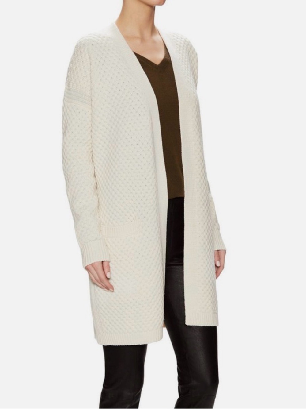 Vince Cream Open-Front wool & yak , Textured Knit Cardigan